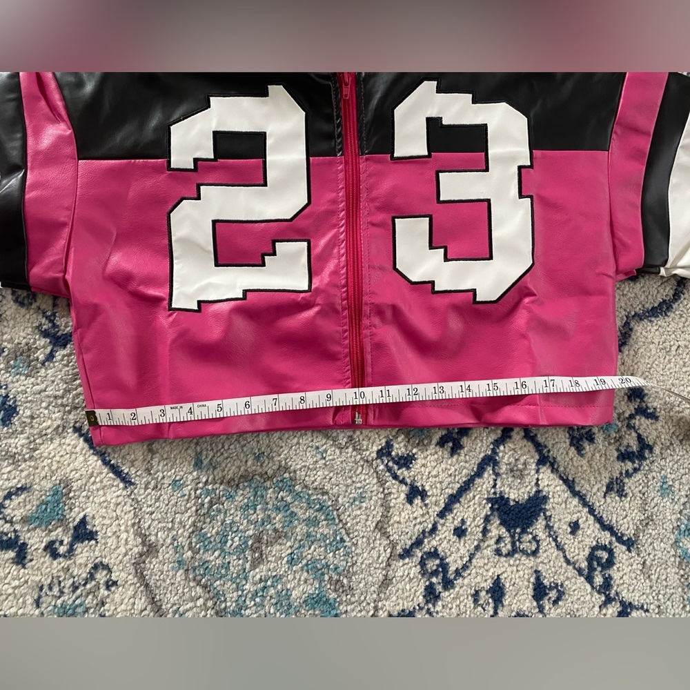 NEW, Women's Pink & Black Cropped Faux Leather Bomber Jacket - Picture 4 of 9